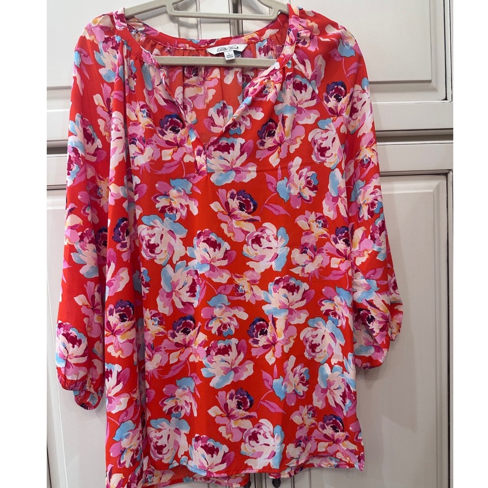 The Pioneer Woman Red Floral Split Neck Tunic Blouse Long Sleeve Size L